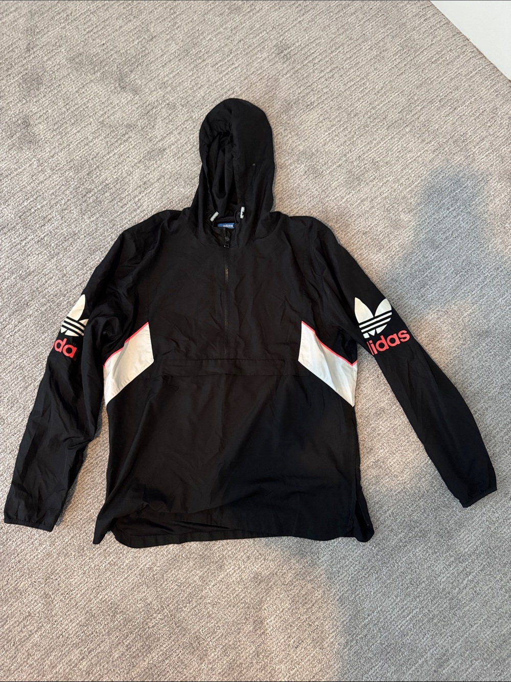 adidas Black Hooded Windbreaker with White Panels and Red Accents
